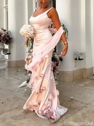 Elegant Pink Spaghetti Strap Mermaid Floral Long Prom Dress Ideas, Evening Party Dresses, OLP1396