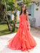 Stunning Coral Strapless Ruffle Prom Gown with Bow Detail and Flowing Chiffon Floor Length,OLP1758