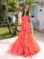 Stunning Coral Strapless Ruffle Prom Gown with Bow Detail and Flowing Chiffon Floor Length,OLP1758