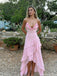 Sexy V-Neck Ruffled Pink Prom Dress Unique Halter High Low Asymmetrical Gown,OLP1823