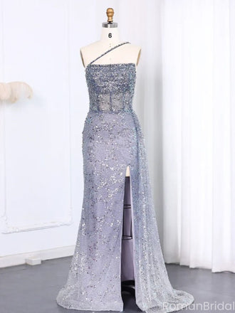 Shiny Blue One-Shoulder Mermaid Side Slit Long Prom Dress Ideas, Evening Party Dresses, OLP1264