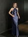 Elegant Navy Satin Halter Neck Prom Dress Sexy Backless Floor Length Formal Gown,OLP1747