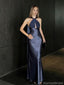 Elegant Navy Satin Halter Neck Prom Dress Sexy Backless Floor Length Formal Gown,OLP1747