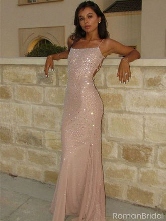 Sexy Pink Sparkly Mermaid Prom Dress Square Neck Sleeveless Sequin Evening Gown,OLP1835
