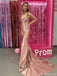 Classy Dusty Rose Satin Prom Gown Floral Strap Corset Bodice Long Train Formal Dress, OLP1696