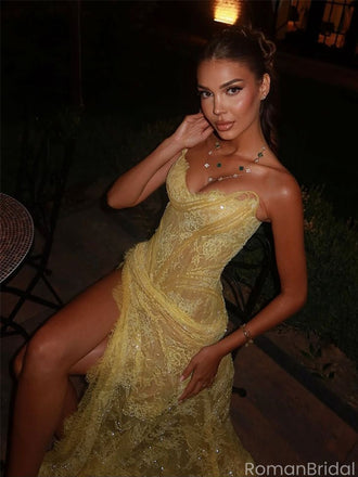 Sexy Yellow Spaghetti Strap Mermaid Side Slit Long Prom Dress Ideas, Evening Party Dresses, OLP1248