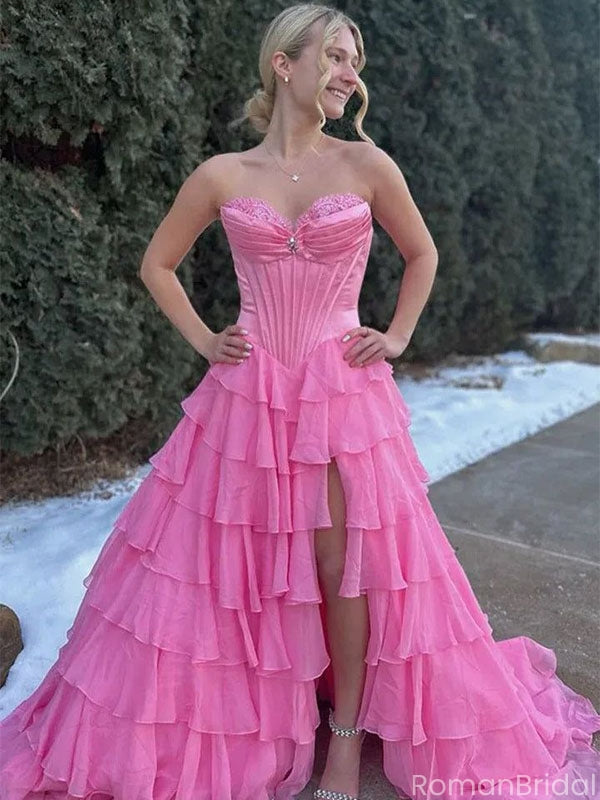 Sexy Strapless Pink Ruffled Prom Dress Tiered Tulle Corset Ball Gown with Slit,OLP1846