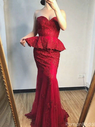 Sexy Applique Red Sweetheart Mermaid Long Prom Dress Ideas, Evening Party Dresses, OLP1497