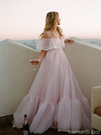 Elegant Off-the-Shoulder Organza Prom Dress Pink A-Line Formal Gown,OLP1785