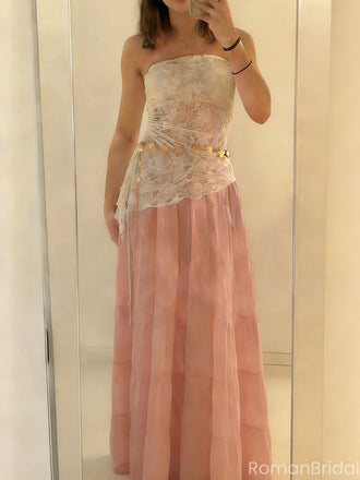 Unique Lace Strapless Prom Dress Pretty Two-Tone A-Line Floor Length Evening Dress,OLP1715