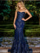 Elegant Mermaid Dark Blue Prom Dress Glitter Applique Spaghetti Strap Formals,OLP1764