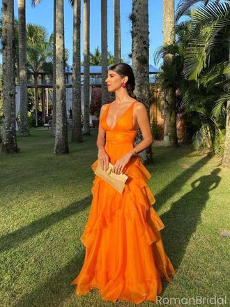 Elegant Orange V-Neck A-Line Long Prom Dress Ideas, Evening Party Dresses, OLP1282