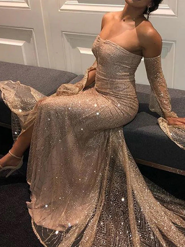 Sexy Sweetheart Sleeveless Mermaid Sequin Long Evening Prom Dresses Online, OLP707