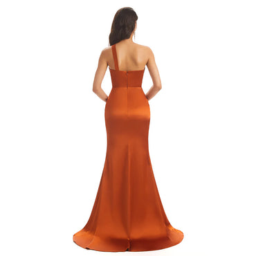 Sexy Soft Satin Side Slit One Shoulder Long Maxi Mermaid Bridesmaid Dresses, PD0261