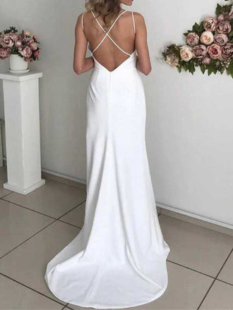 Sexy V-neck Sleeveless Mermaid Crepe Long Prom Dresses With Slit Online, OL467