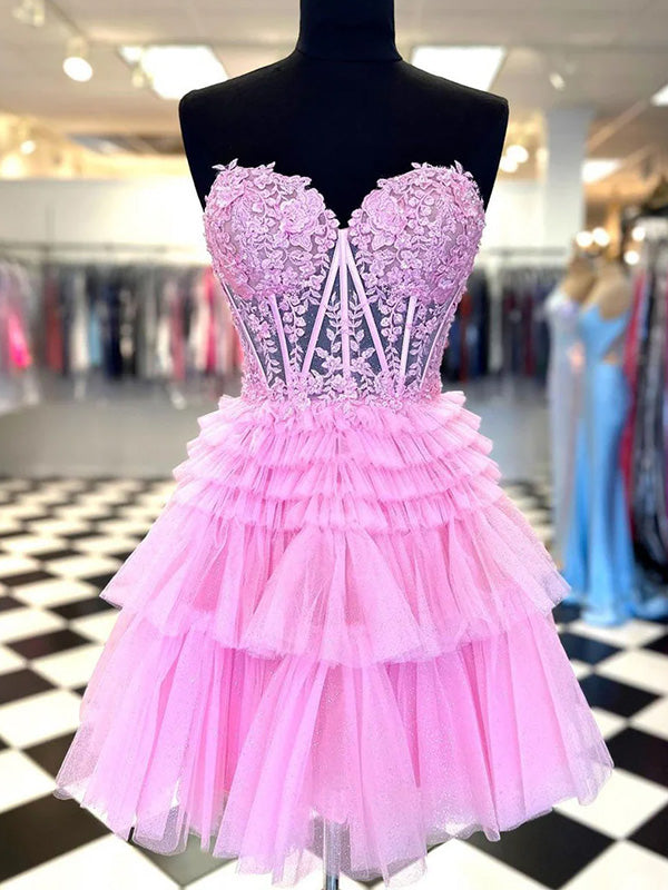 Unique Sweetheart Short A-line Tulle Pink Homecoming Dresses For Party Online, HD0799