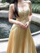 Shiny Spaghetti Strap V-neck Sleeveless A-line Satin Gold Long Prom Dresses Online, OL589