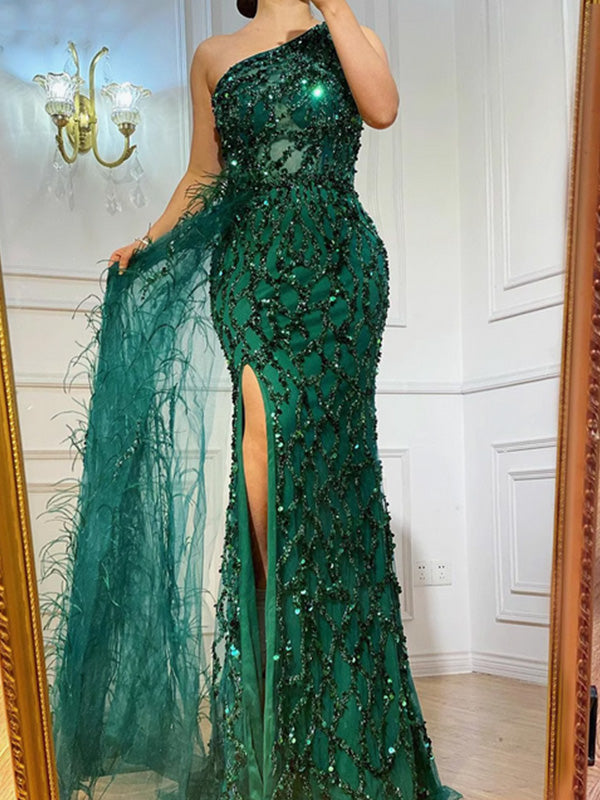 Elegant Asymmetric Sleeveless Mermaid Lace Evening Prom Dresses Online, OLP805