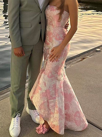 Printed Sweetheart Sleeveless Mermaid Satin Long Evening Prom Dresses Online, OLP791