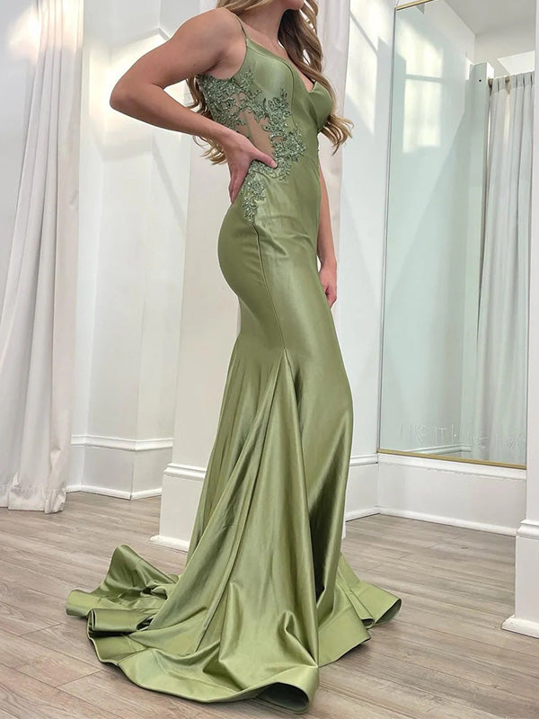 Gorgeous Spaghetti Strap Sleeveless Satin Mermaid Long Prom Dresses With Trailing For Party Online, OL351