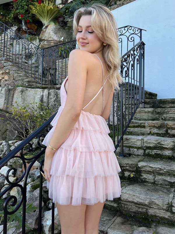 Cute V-neck Sleeveless A-line Tulle Pink Homecoming Dresses For Party Online, HD1086