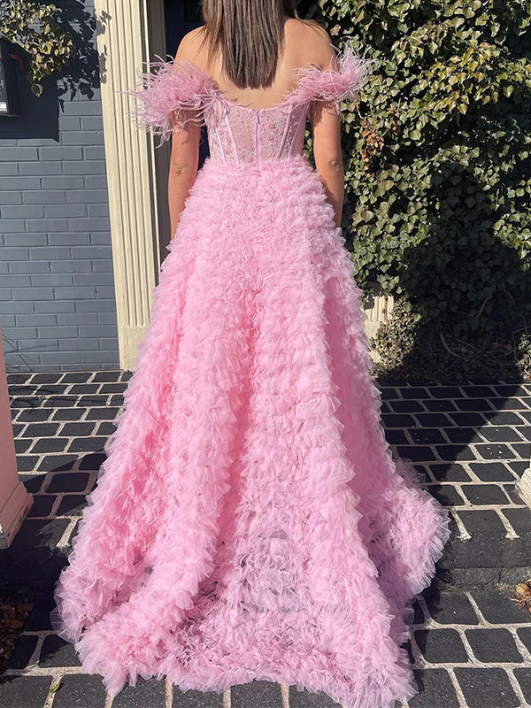 Unique Off-shoulder Pink Tulle A-line Long Prom Dress With Trailing Online, OL311