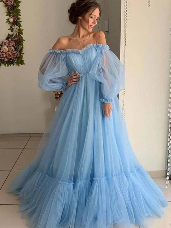 Elegant Off-shoulder Sleeveless A-line Tulle Long Prom Dresses Online, OL483