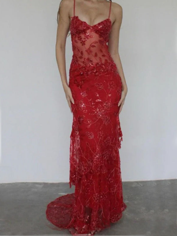 Elegant Spaghetti Strap Sleeveless Mermaid Lace Long Evening Prom Dresses Online, OLP699