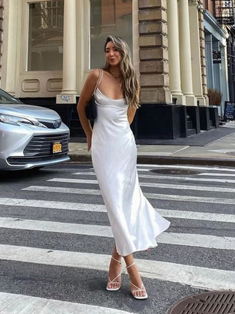 Soft Spaghetti Strap Sleeveless A-line Satin Long Prom Dresses Online, OL513