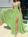 Elegant Spaghetti Strap Sleeveless A-line Long Prom Dresses With Front Slit For Party Online, OL343