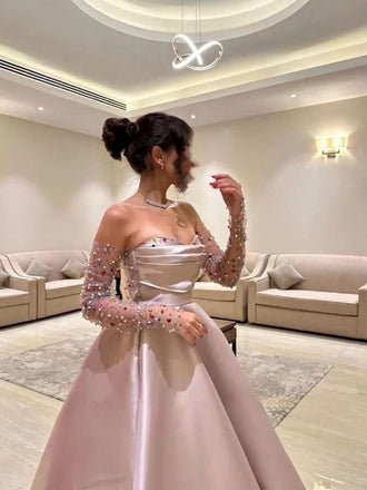 Elegant Sweetheart Full Sleeve A-line Satin Long Prom Dresses Online, OLP591