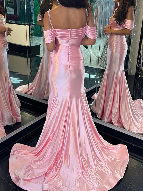 Sexy Off-shoulder Sleeveless Mermaid Satin Pink Long Prom Dresses With Trailing For Party Online, OL375