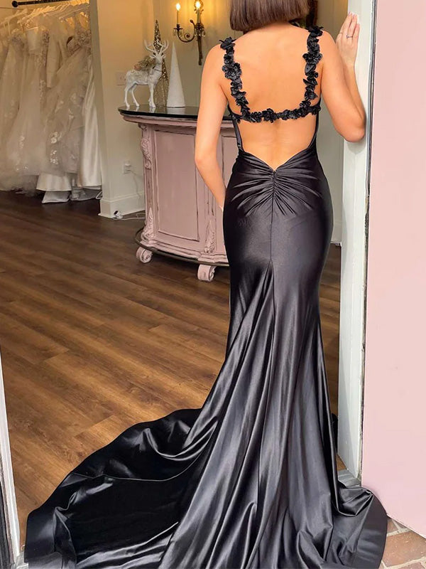 Sexy Spaghetti Strap Satin Black Mermaid Long Prom Dress With Trailing Online, OL303