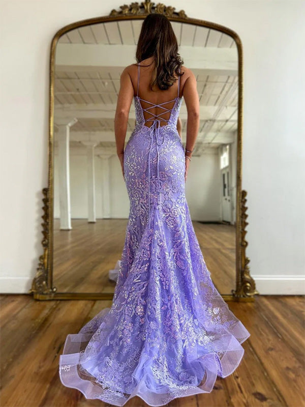 Sexy Spaghetti Strap Mermaid Lace Long Prom Dresses With Trailing For Party Online, OL331