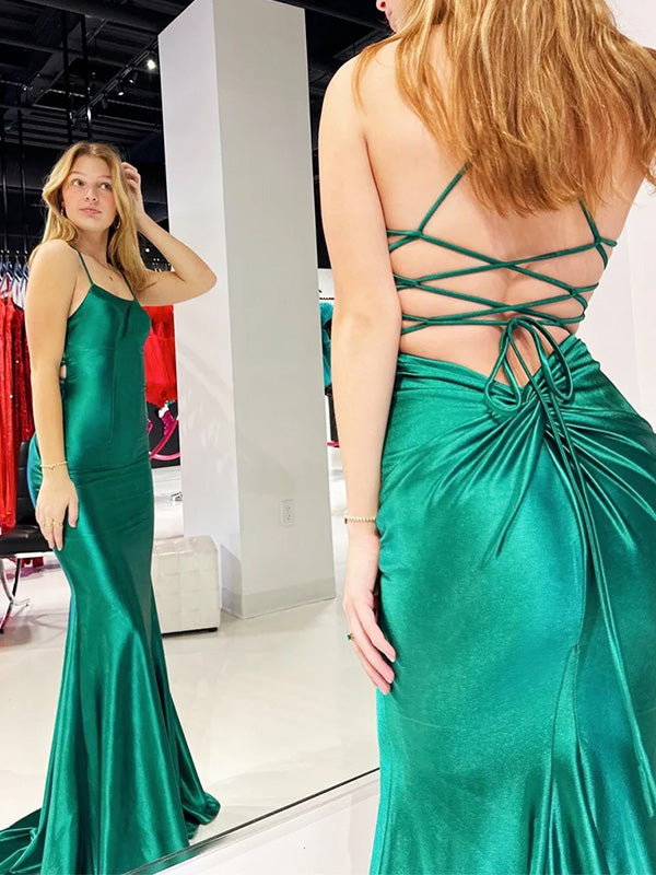 Sexy Spaghetti Strap Satin Mermaid Long Prom Dress Online, OL291