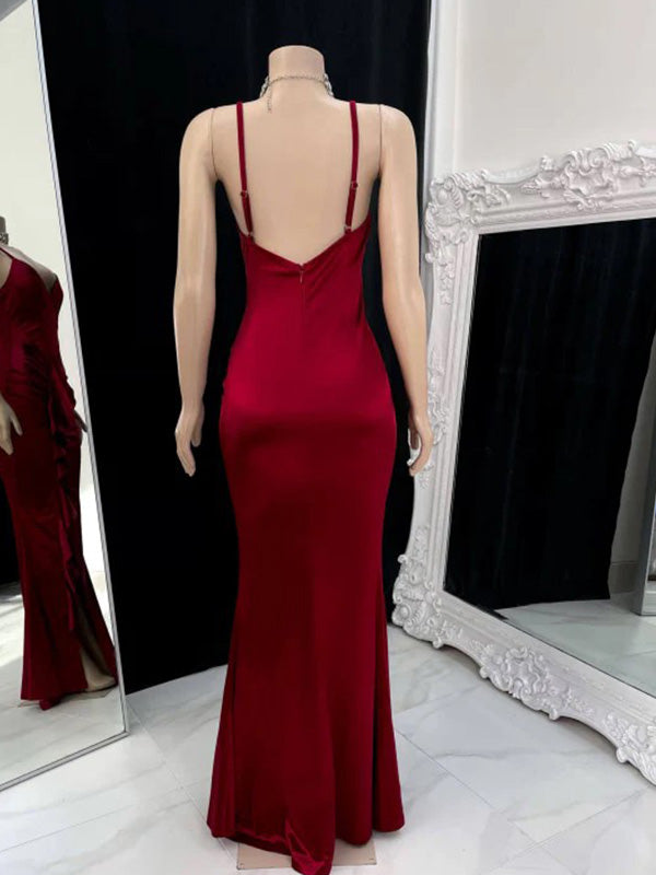 Sexy Spaghetti Strap Sleeveless Mermaid Satin Dark Red Long Prom Dresses With Slit Online, OL559