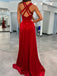 Elegant V-neck Sleeveless Red Velvet A-line Long Prom Dresses With Front Slit For Party Online, OL359