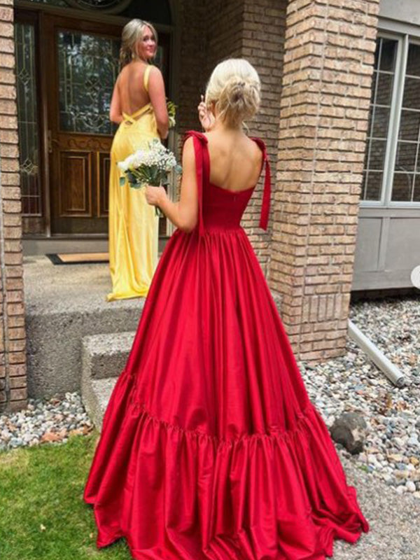 Formal Spaghetti Strap Sleeveless A-line Satin Long Prom Dresses Online, OLP623