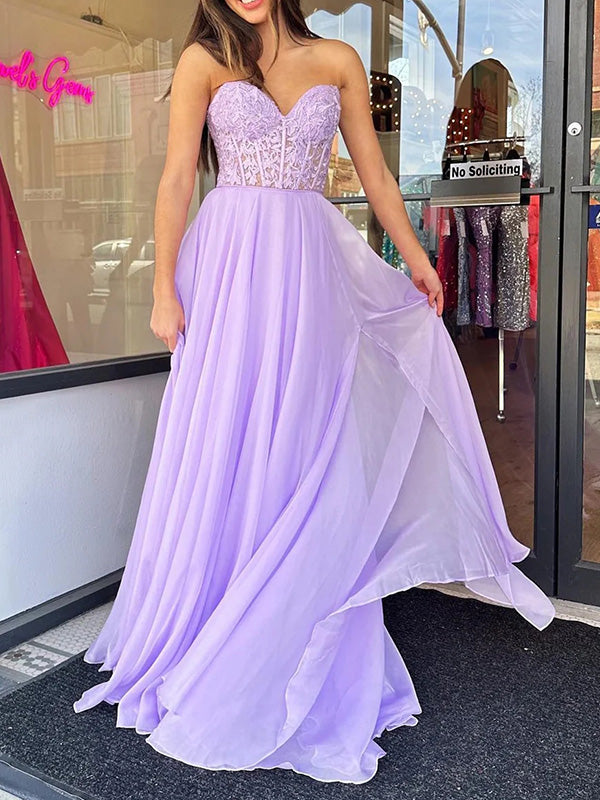 Elegant Sweetheart Sleeveless A-line Chiffon Long Prom Dresses For Party Online, OL363