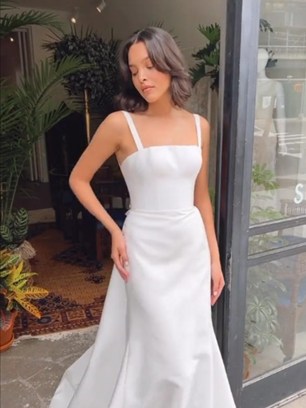 Simple Square Sleeveless Mermaid Satin White Long Prom Dresses Online, OL519