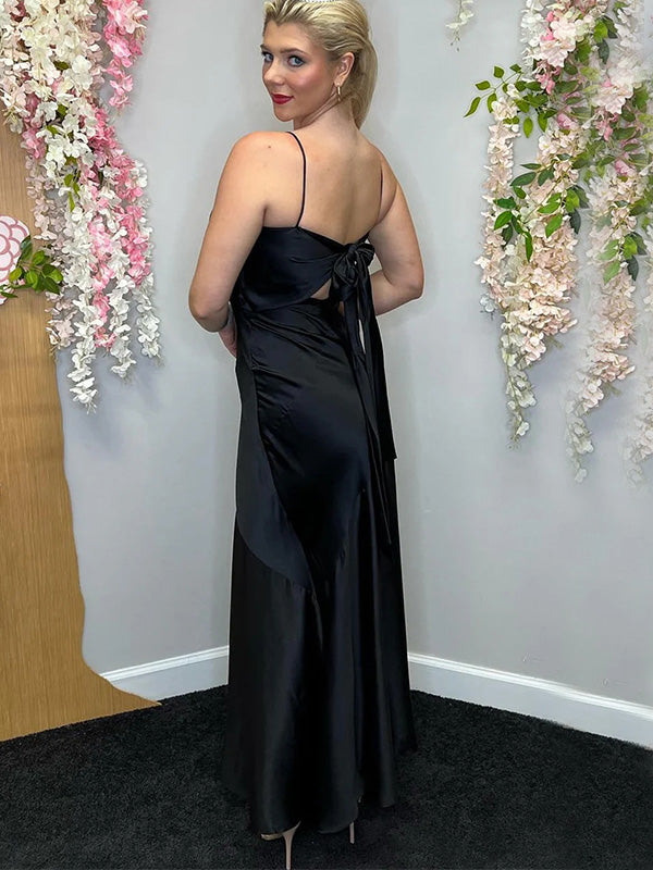 Sexy Spaghetti Strap Black Sleeveless Mermaid Satin Long Prom Dresses For Party Online, OL367