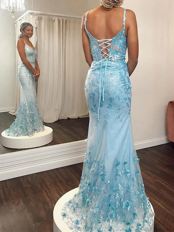 Elegant Spaghetti Strap V-neck Sleeveless Tulle Mermaid Long Prom Dresses With Trailing For Party Online, OL355