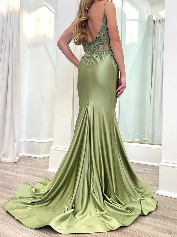 Gorgeous Spaghetti Strap Sleeveless Satin Mermaid Long Prom Dresses With Trailing For Party Online, OL351