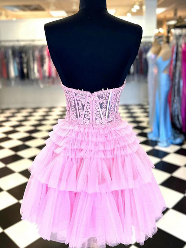 Unique Sweetheart Short A-line Tulle Pink Homecoming Dresses For Party Online, HD0799