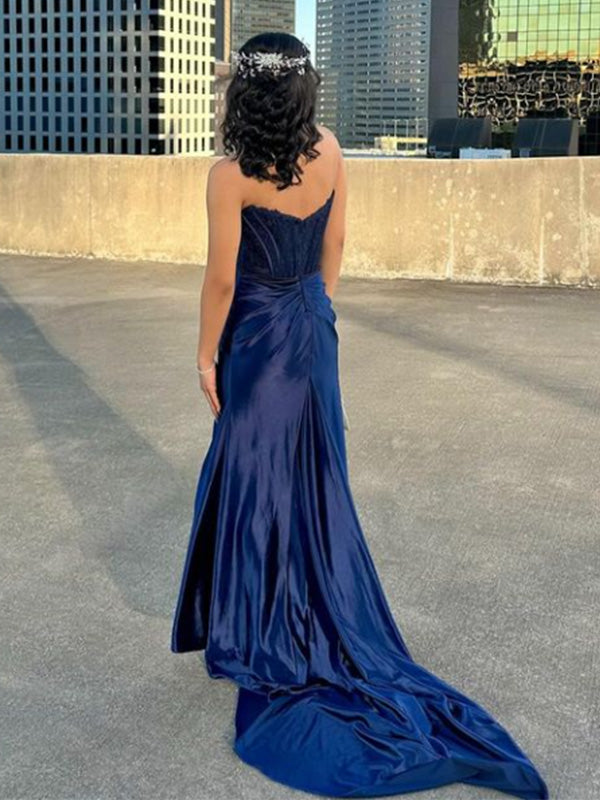 Sexy Sweetheart Sleeveless Mermaid Satin Long Evening Prom Dresses Online, OLP793