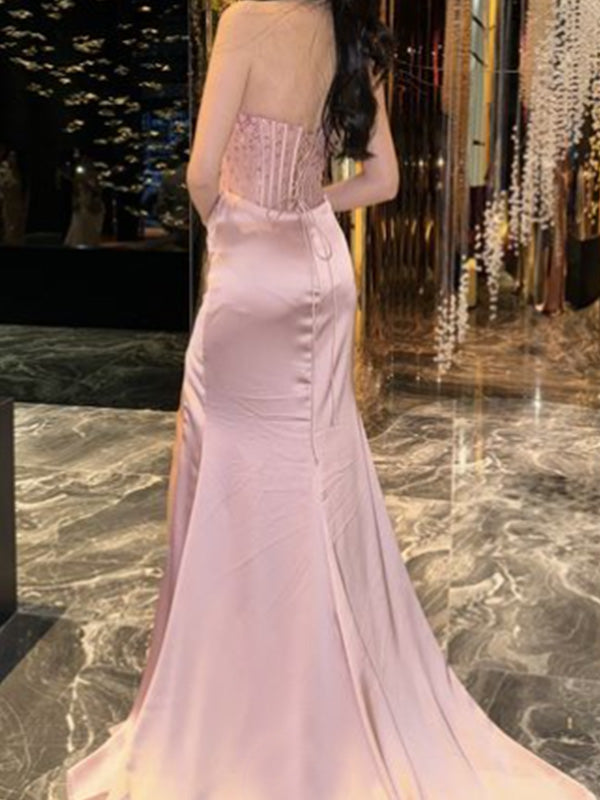 Elegant Sweetheart Sleeveless Mermaid Satin Long Evening Prom Dresses Online, OLP759