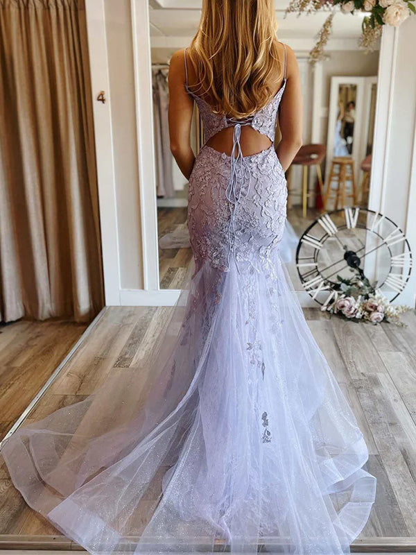 Unique Spaghetti Strap Sleeveless Mermaid Lace Long Prom Dresses With Trailing For Party Online, OL323