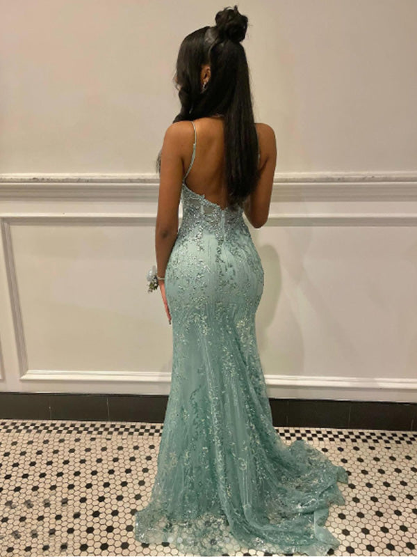 Elegant Spaghetti Strap Sleeveless Mermaid Lace Long Evening Prom Dresses Online, OLP667