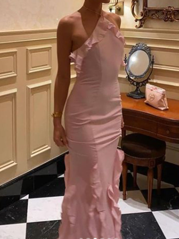 Cute Halter Sleeveless Mermaid Satin Long Evening Prom Dresses Online, OLP679