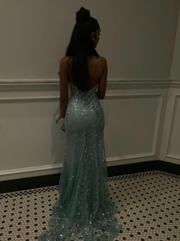 Elegant Spaghetti Strap Sleeveless Mermaid Lace Long Evening Prom Dresses Online, OLP667